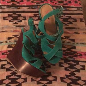 Teal/green faux suede platform wedge